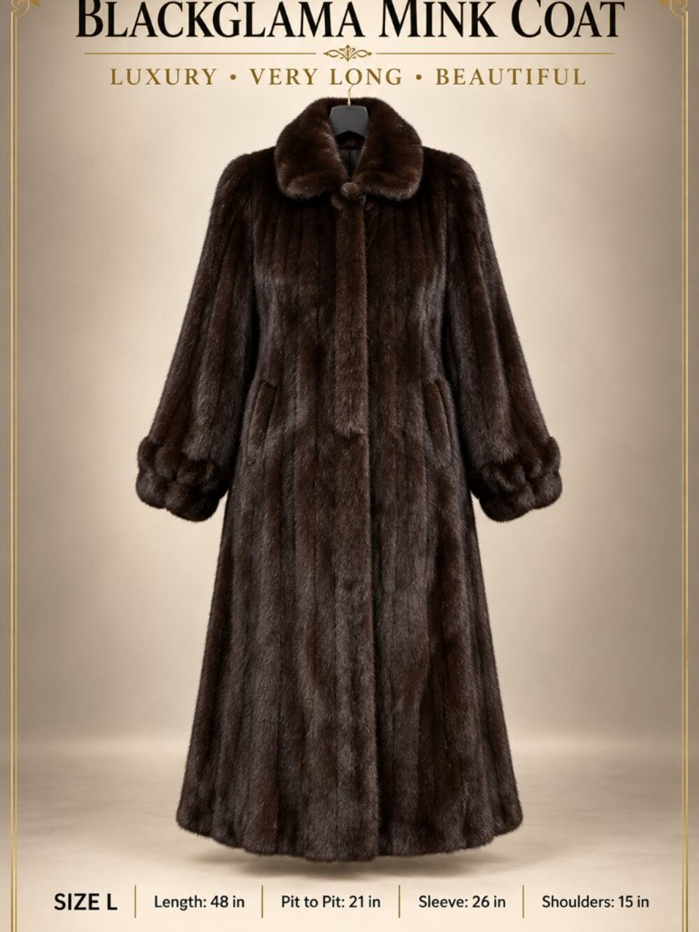 BLACKGLAMA Real Mink Fur Coat Women’s L 48” Long Luxury Dark Brown Excellent